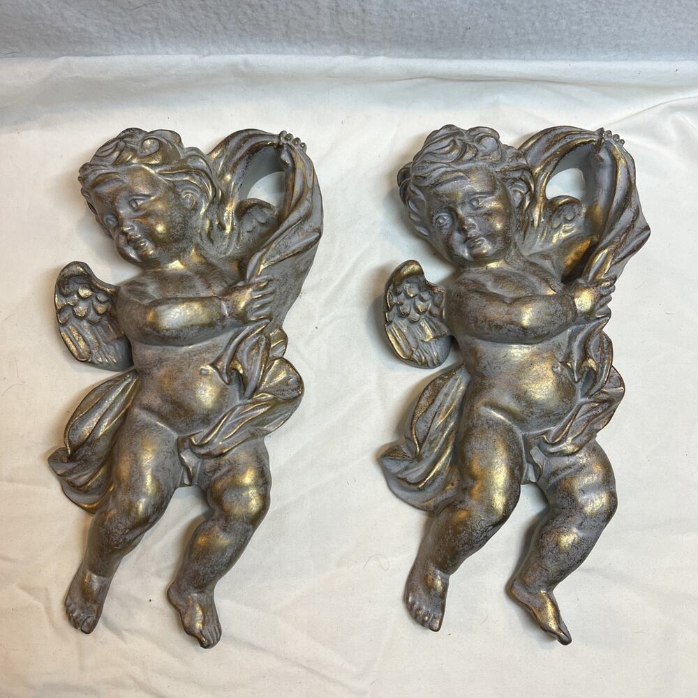 VTG Angel Cherub Wall Hanging Golden Bronze Gilt Patina Resin 9” Set of Two